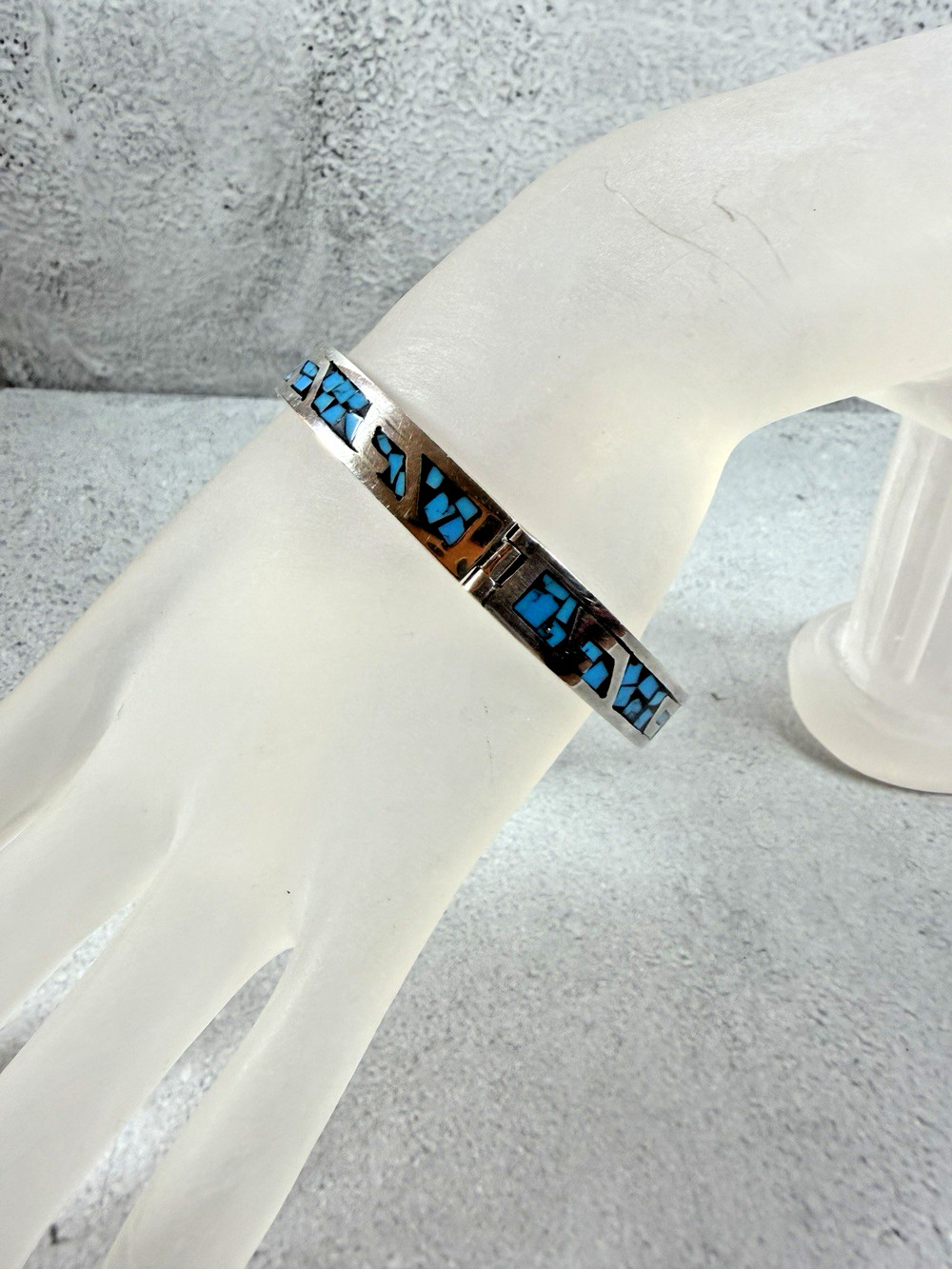 Vintage Sterling Silver Mexico Made Blue Turquoise Inlay Bracelet